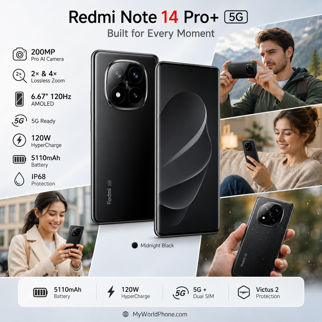 Xiaomi Redmi Note 14 Pro Plus 5G 256GB ROM 8GB RAM Dual SIM GSM Unlocked - Midnight Black