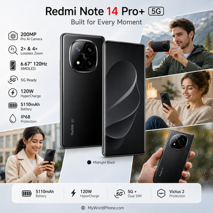 Xiaomi Redmi Note 14 Pro Plus 5G 256GB ROM 8GB RAM Dual SIM GSM Unlocked - Midnight Black