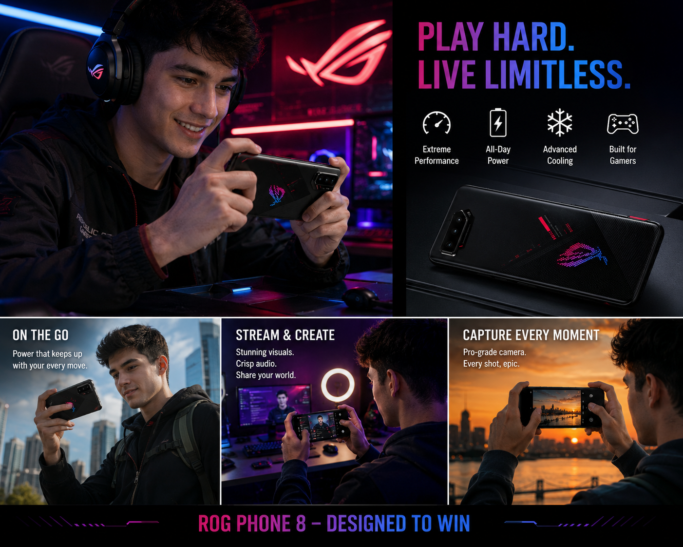 Asus ROG Phone 5s Person holding black gaming smartphone with glowing ROG logo