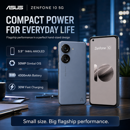 Asus Zenfone 10 5G smartphone, blue back and front screen shown side by side, dual cams.