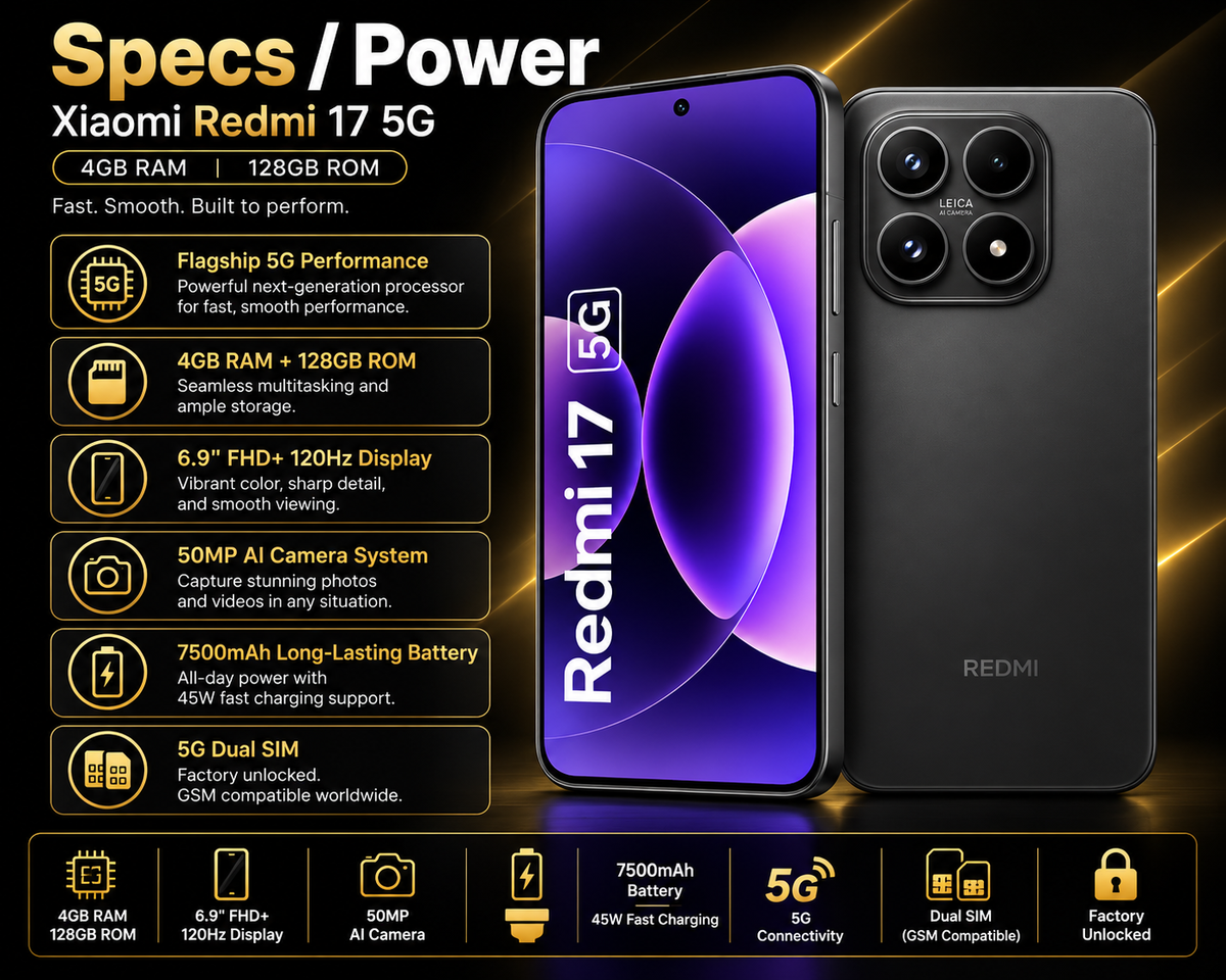 Black Xiaomi Redmi 17 5G smartphone with purple screen and rear quad camera
