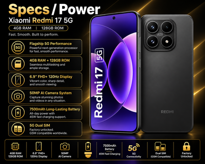 Black Xiaomi Redmi 17 5G smartphone with purple screen and rear quad camera