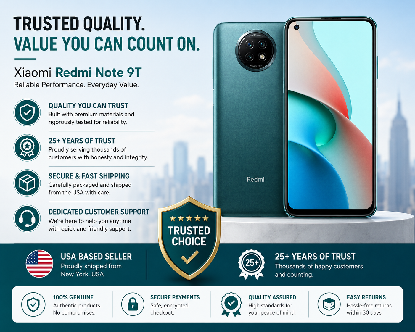 Xiaomi Redmi Note 9T Teal smartphone with dual rear cameras and front display on a round pedestal