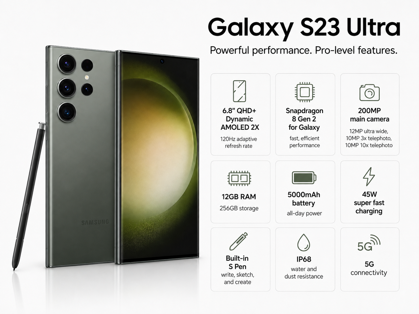 Samsung Galaxy S23 Ultra 5G Dual S918B 256GB 12GB RAM GSM Unlocked – Green