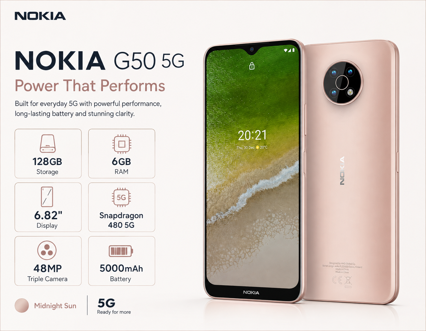Nokia G50 5G TA-1361-6 Dual SIM 128GB 6GB RAM GSM Unlocked - Midnight Sun