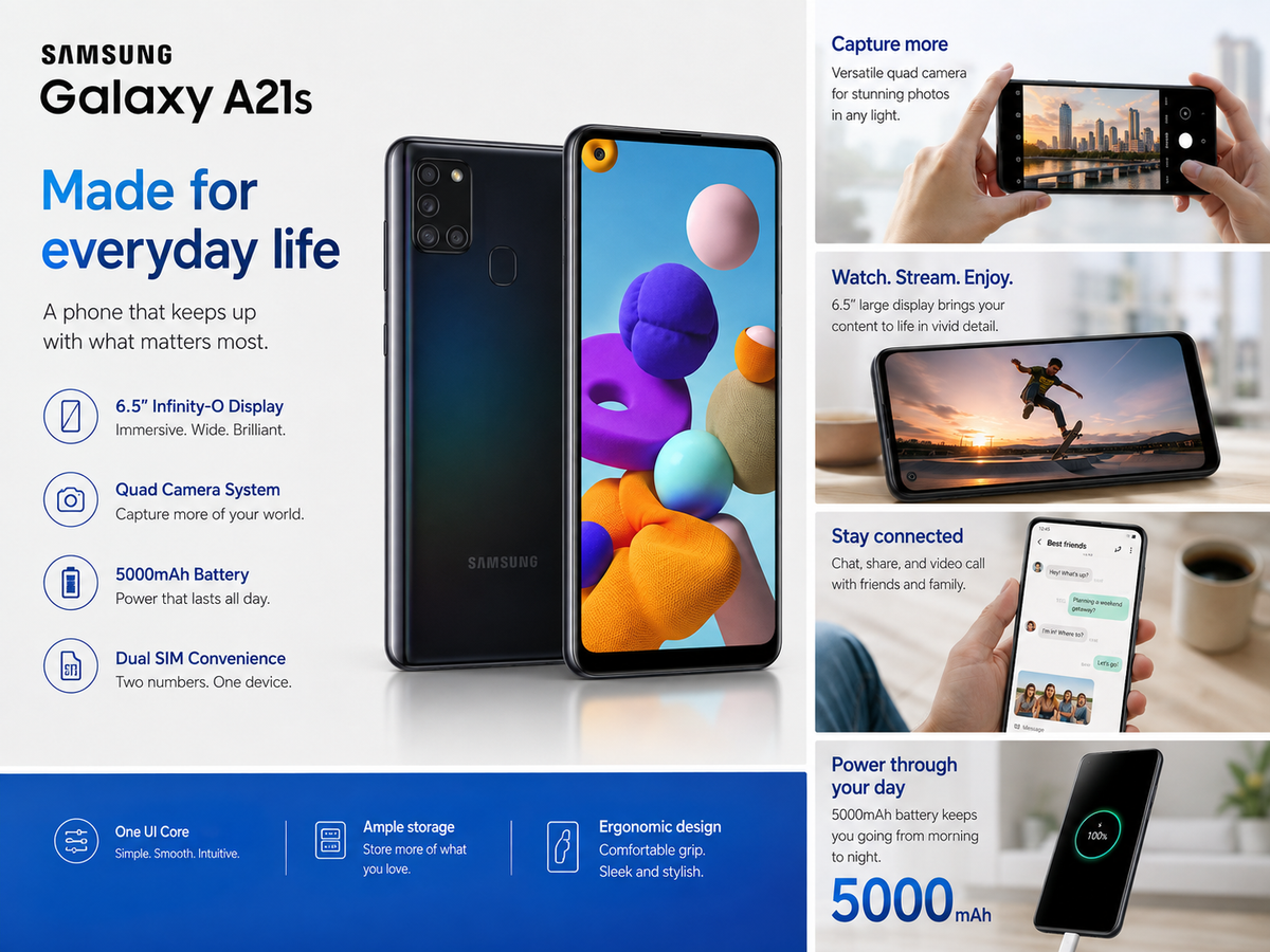 Samsung Galaxy A217f 4G Samsung smartphone promotional card featuring front display and rear camera