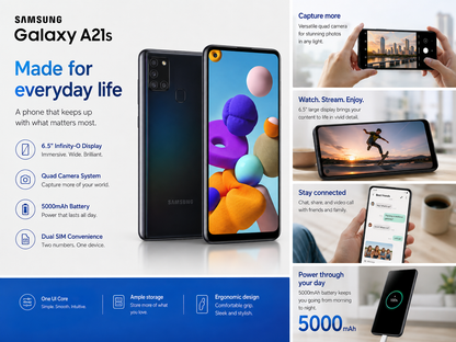 Samsung Galaxy A217f 4G Samsung smartphone promotional card featuring front display and rear camera