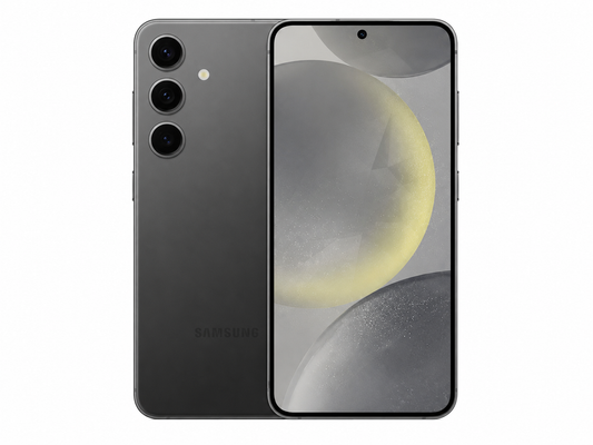 Onyx Black Galaxy S24 5G smartphone showing back and screen, triple cameras on rear.