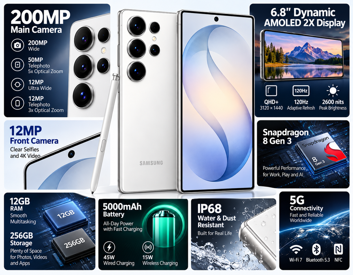 Samsung Galaxy S26 Ultra 5G Samsung Galaxy phone with feature icons and camera display callouts