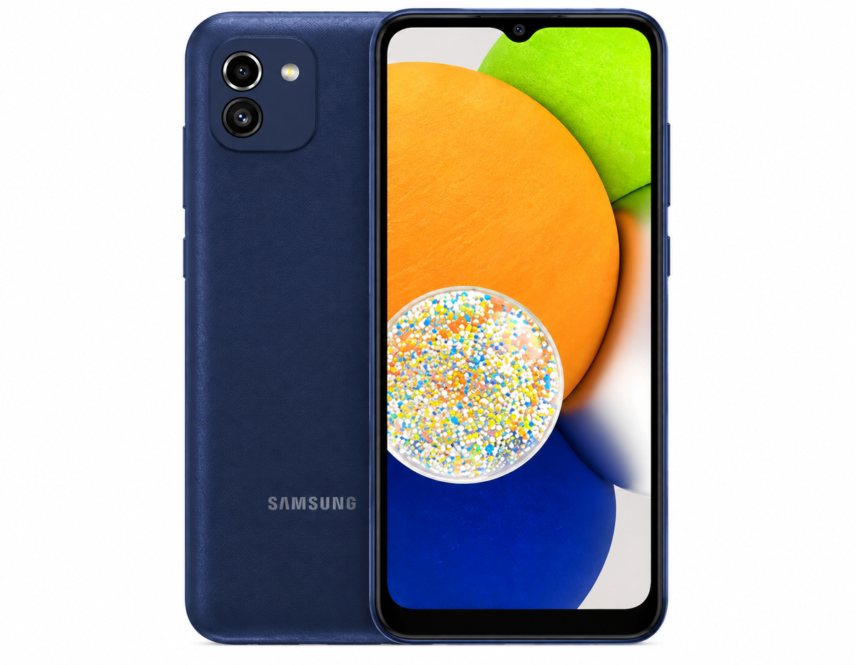 Samsung Galaxy A03 smartphone in blue, front and back with dual rear cameras