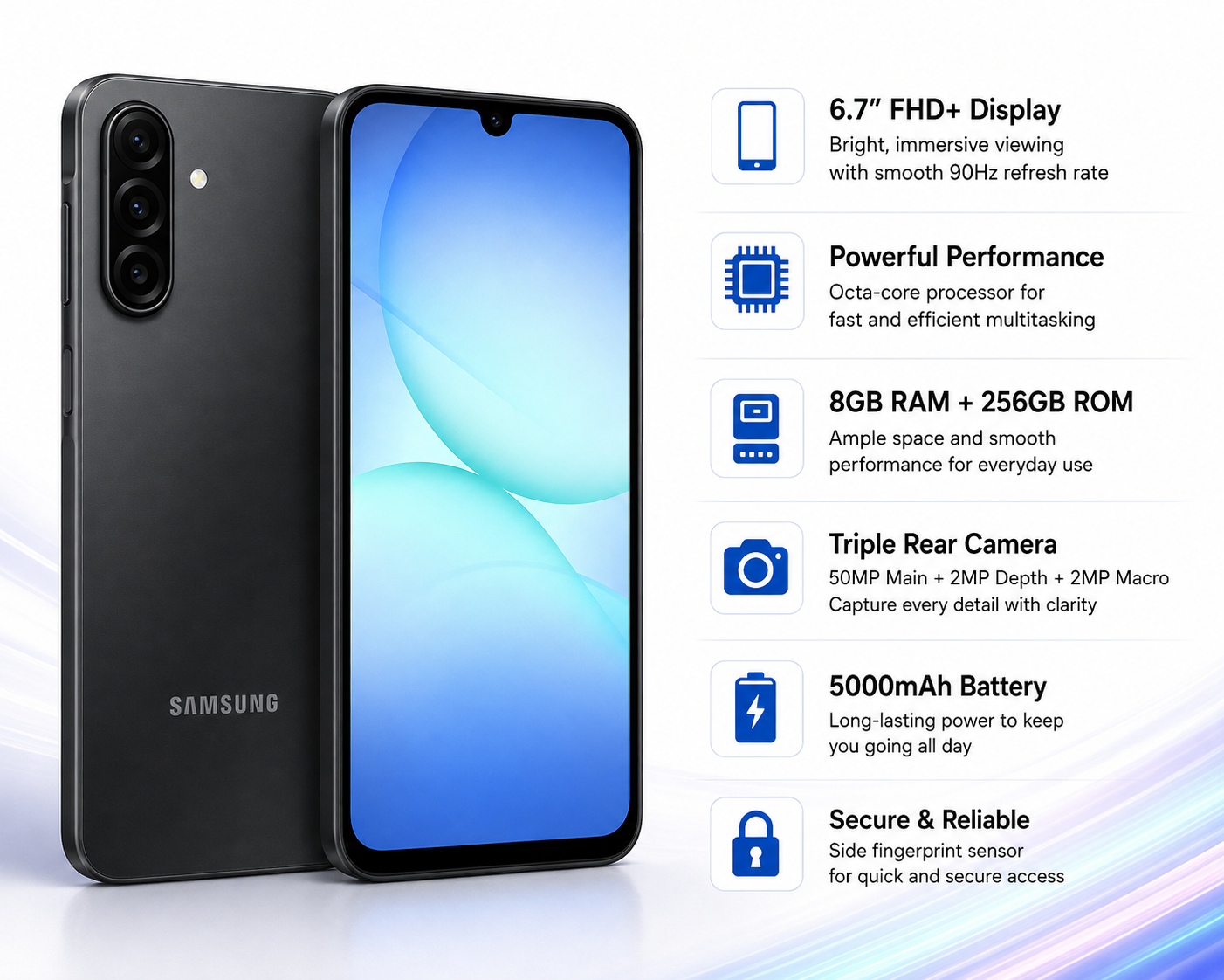 Samsung Galaxy A17 4G  Black Samsung Galaxy smartphone shown from back and front, rear cameras visible