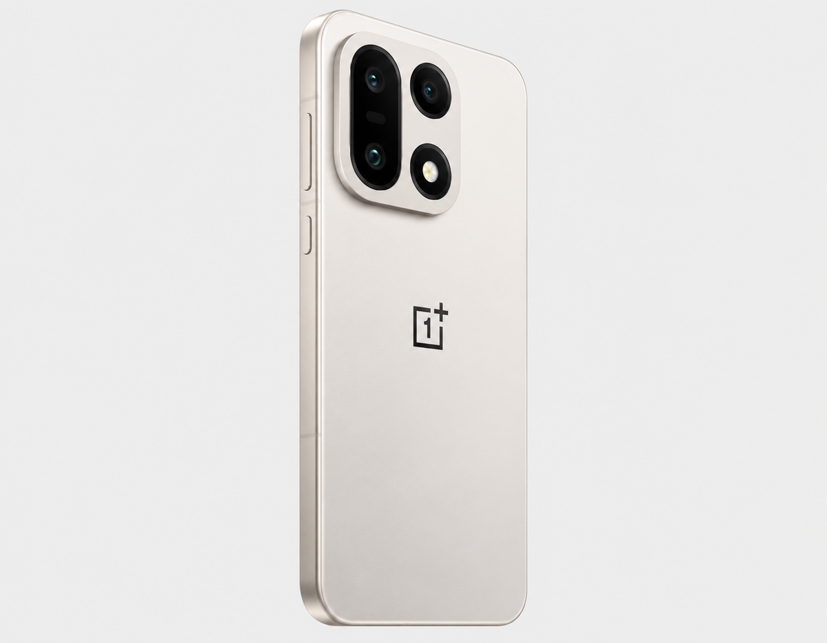 OnePlus 15 5G phone back in light beige with triple camera and flash