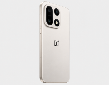 OnePlus 15 5G phone back in light beige with triple camera and flash
