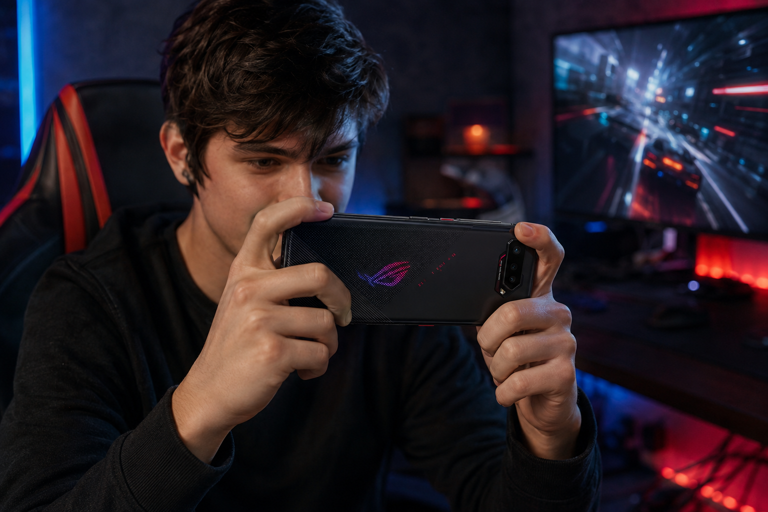 Asus ROG Phone 5S  in hands, back facing camera with ROG logo lighting accents