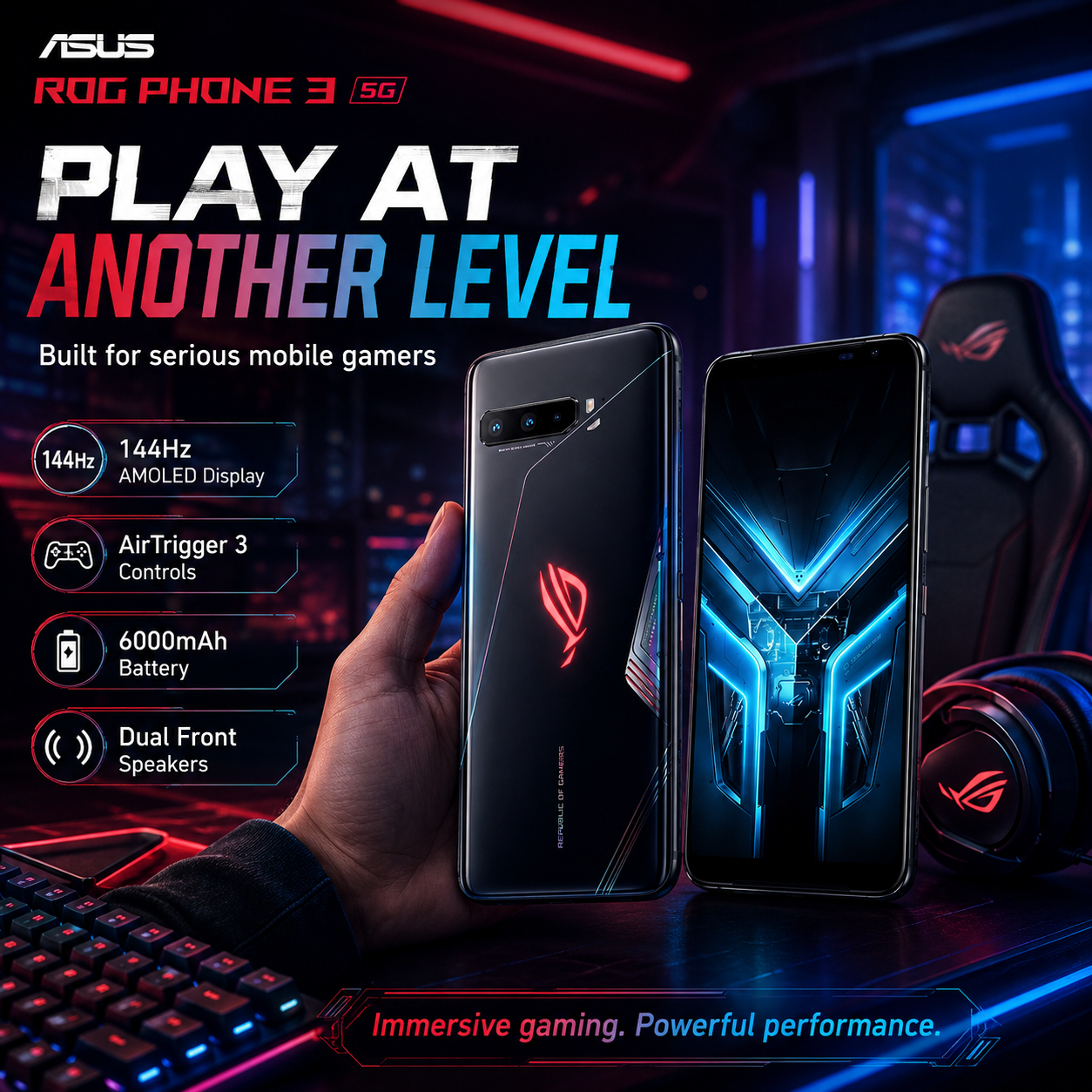 Black ASUS ROG Phone 3 5G smartphone held in hand, front and back with blue display