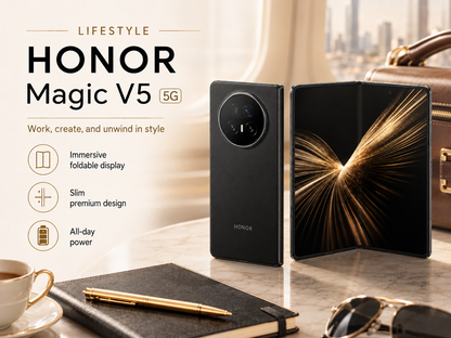Honor Magic V5  Black foldable smartphone open on a desk with back and screen facing outward