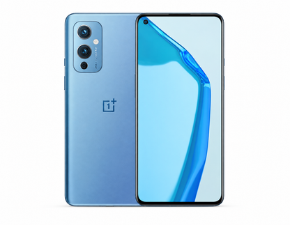 Blue OnePlus 9 5G smartphone with rear camera module and front display
