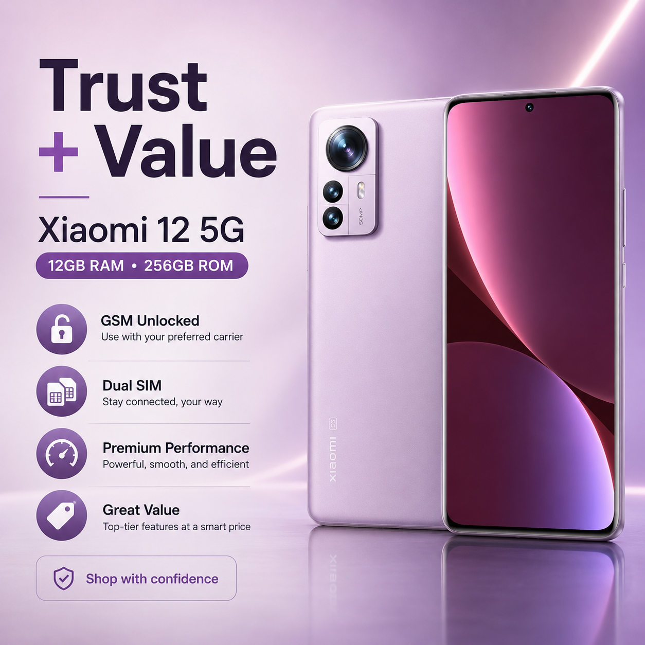 Xiaomi 12 5G Dual SIM 256GB ROM 12GB RAM GSM Unlocked - Purple