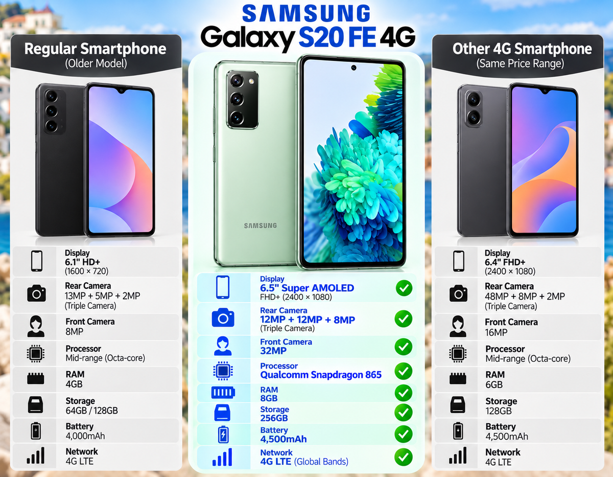 Samsung Galaxy S20 FE phone shown with front screen and rear camera module