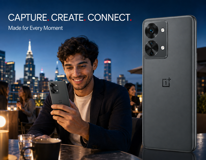 Gray OnePlus Nord 2T phone with rear side view and front display