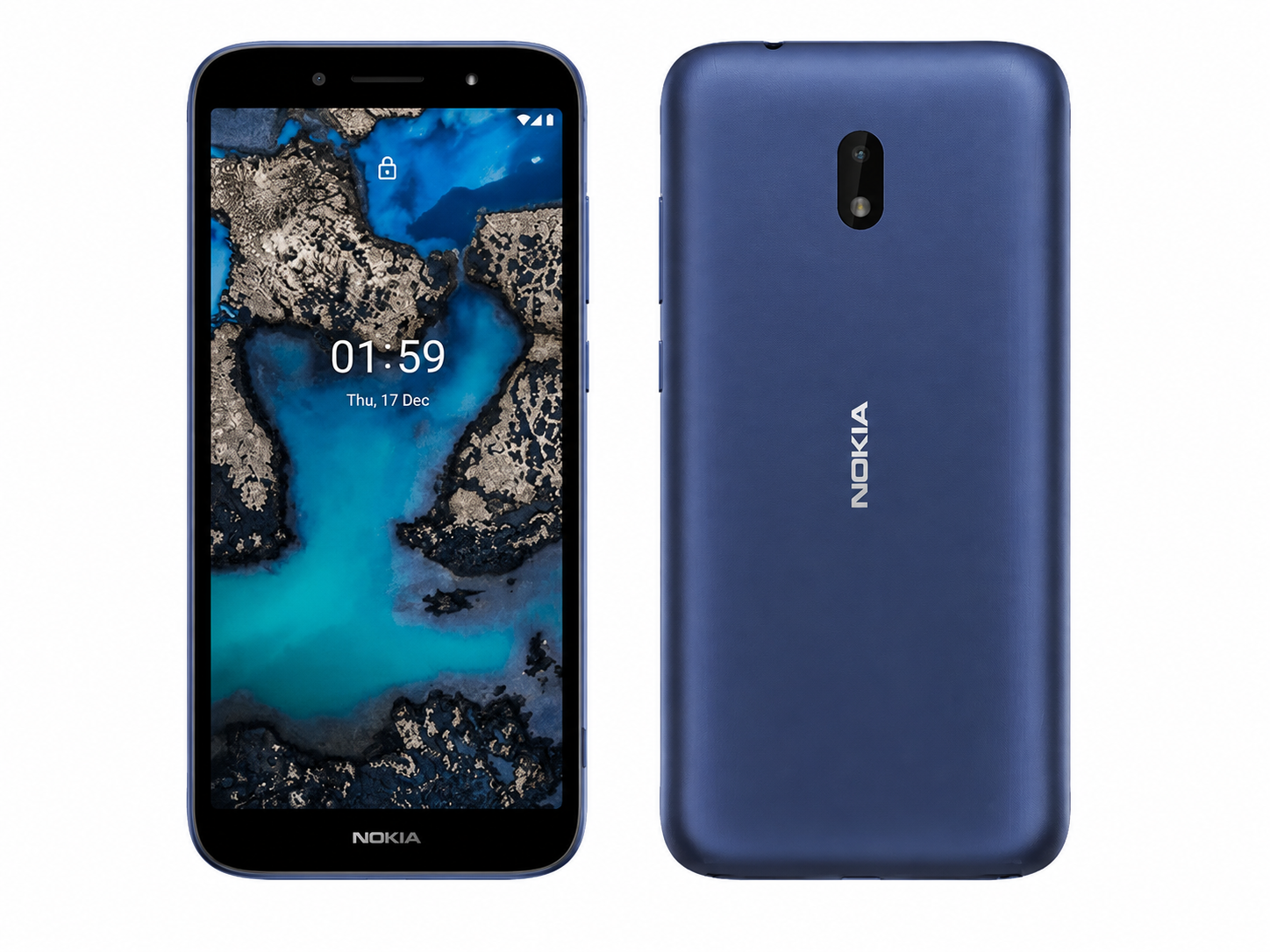 Blue Nokia C01 Plus smartphone front and rear view on a light background