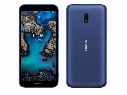Blue Nokia C01 Plus smartphone front and rear view on a light background