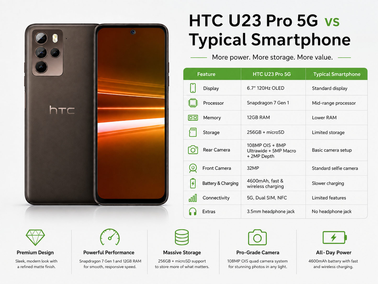 HTC U23 Pro 5G Black HTC smartphone front and back with orange stripe display