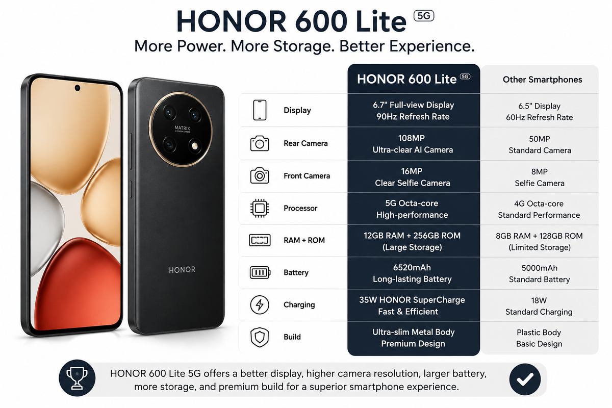 Honor X9d 5G Smartphone shown from front and back with gold front and dark rear camera module