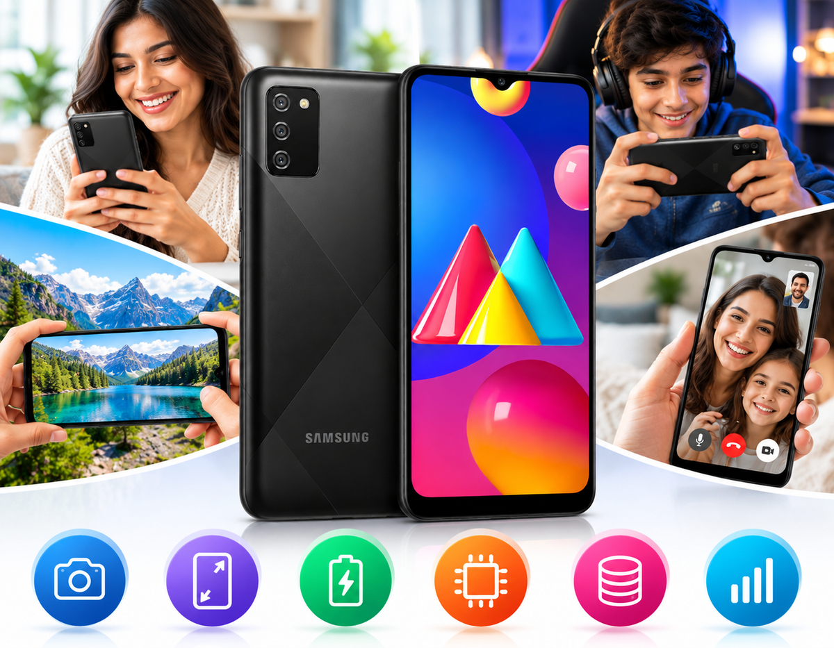 Black Samsung Galaxy M02s smartphone with front and back shown in lifestyle scenes