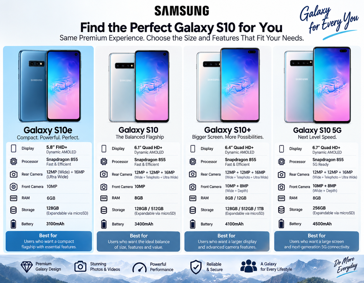 Prism blue Samsung Galaxy S10e phone with screen and rear cameras