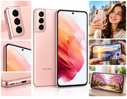 Samsung S21 5G Rose pink Samsung smartphone collage with back camera, side, and front display