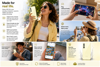 Lemon yellow Samsung Galaxy A35 5G phone in hand, front display visible