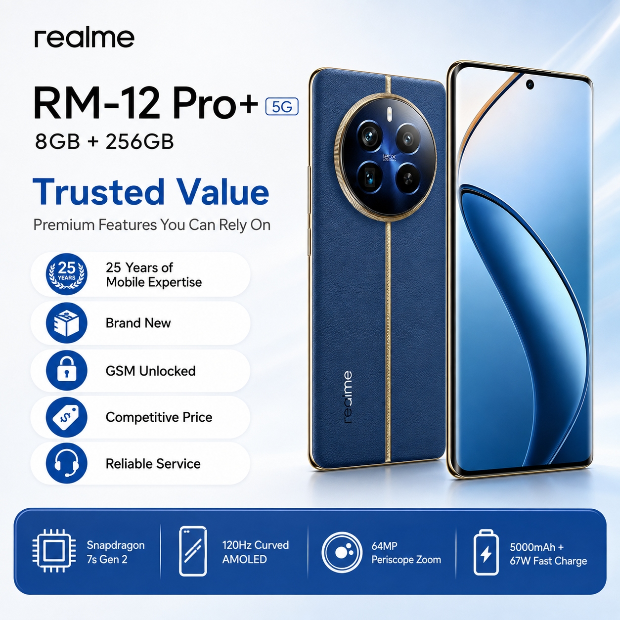 realme 12 Pro+ 5G smartphone in blue, front and back views with dual cameras