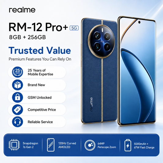 realme 12 Pro+ 5G smartphone in blue, front and back views with dual cameras