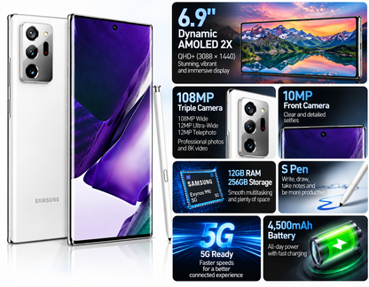 Samsung Galaxy Note 20 Ultra 5G White Samsung smartphone with large purple display, rear triple camera, and S Pen
