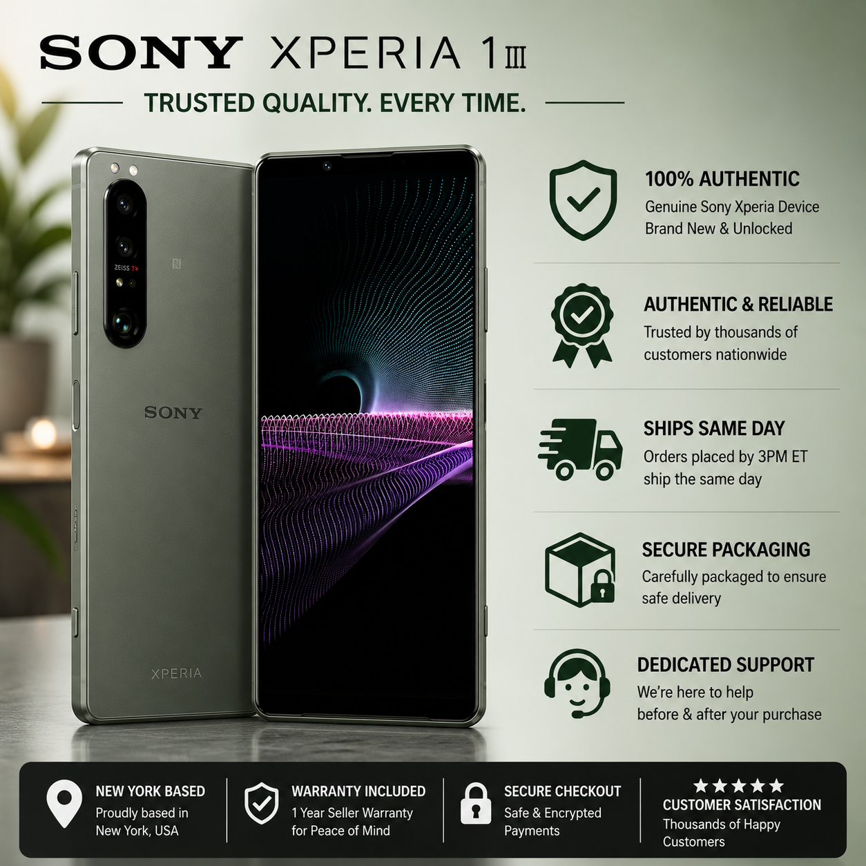 Sony Xperia 1 III XQ-BC72 5G Frosted gray smartphone front screen and rear camera, dual SIM style phone