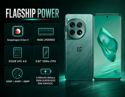 Green OnePlus 12 smartphone front and back view with rear camera cluster