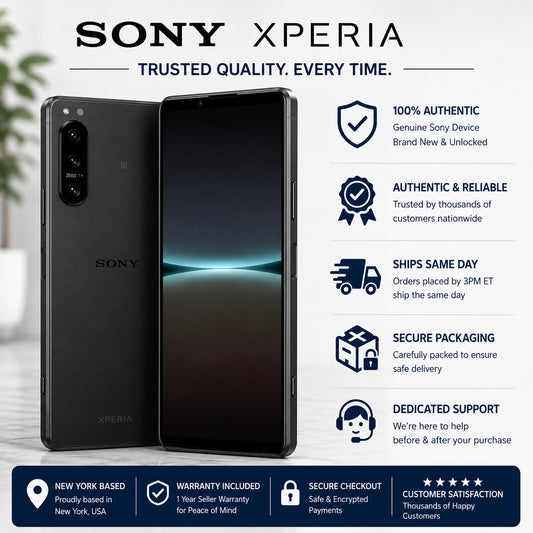 Sony Xperia 5 IV smartphone in black, front and back view with dual cameras