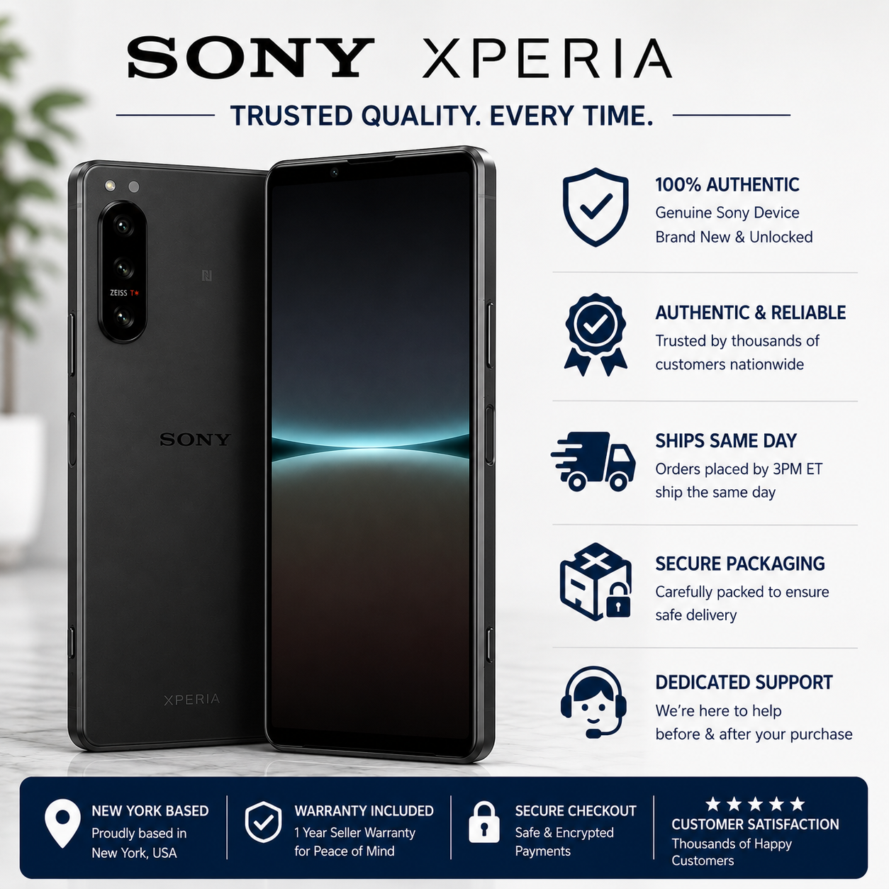 Sony Xperia 5 IV smartphone in black, front and back view with dual cameras