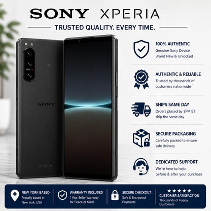 Sony Xperia 5 IV smartphone in black, front and back view with dual cameras