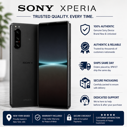 Sony Xperia 5 IV smartphone in black, front and back view with dual cameras