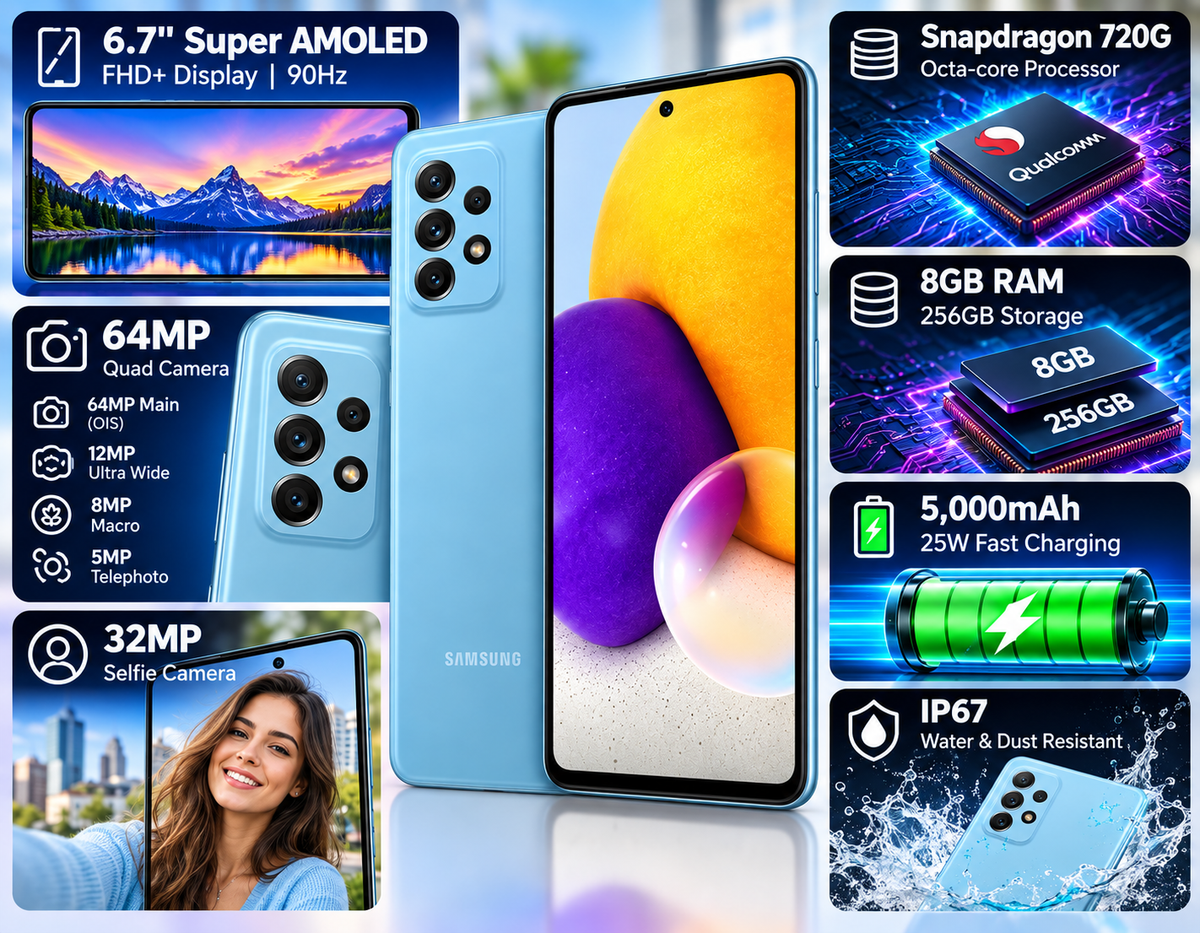 Samsung Galaxy A72 smartphone in blue, front display and rear triple-camera visible