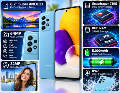 Samsung Galaxy A72 smartphone in blue, front display and rear triple-camera visible