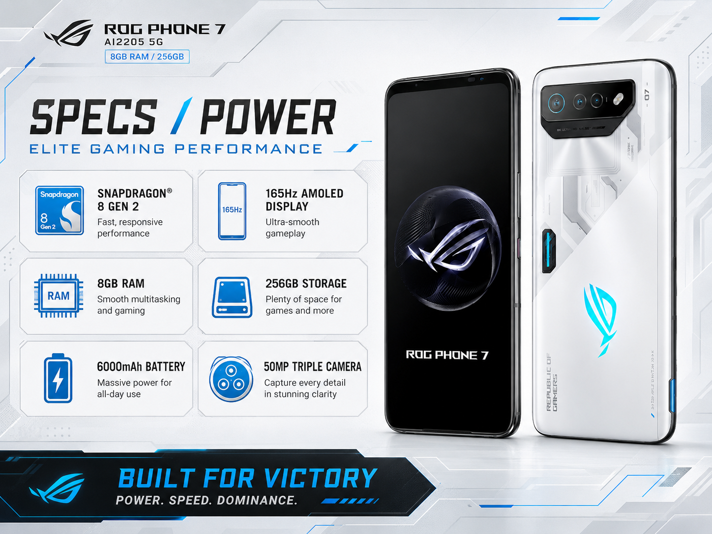 ASUS ROG Phone 7 Dual-view gaming smartphone, black front and white back with blue ROG logo