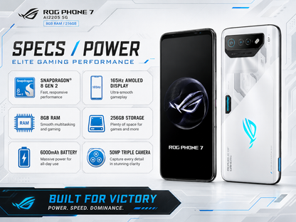 ASUS ROG Phone 7 Dual-view gaming smartphone, black front and white back with blue ROG logo