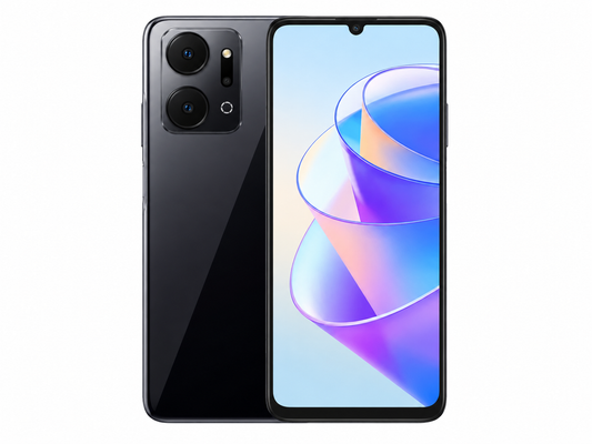 Midnight black smartphone showing front display and rear camera module