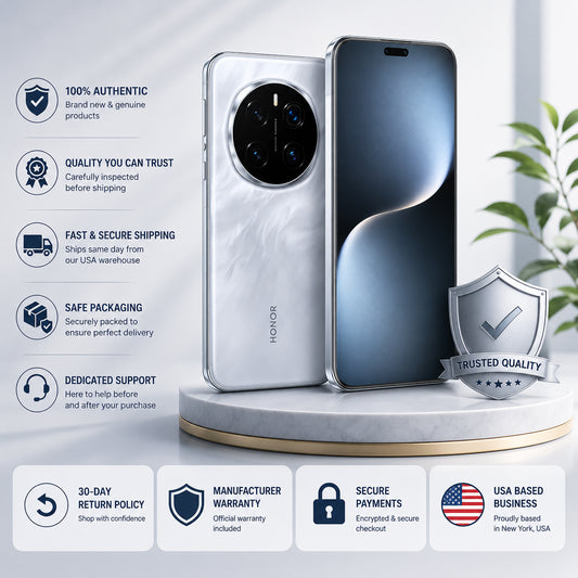 Grey smartphone front and back, quad camera module on the rear and dark display
