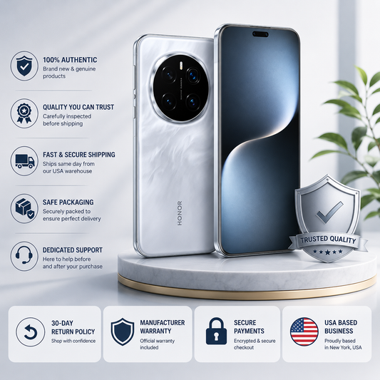 Grey smartphone front and back, quad camera module on the rear and dark display