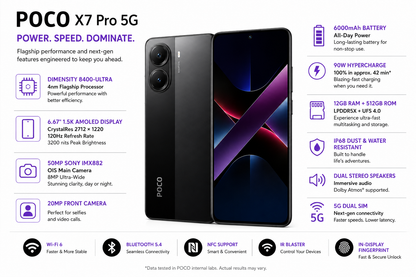 Black Xiaomi Poco X7 Pro 5G smartphone, front and back panels with dual rear cameras