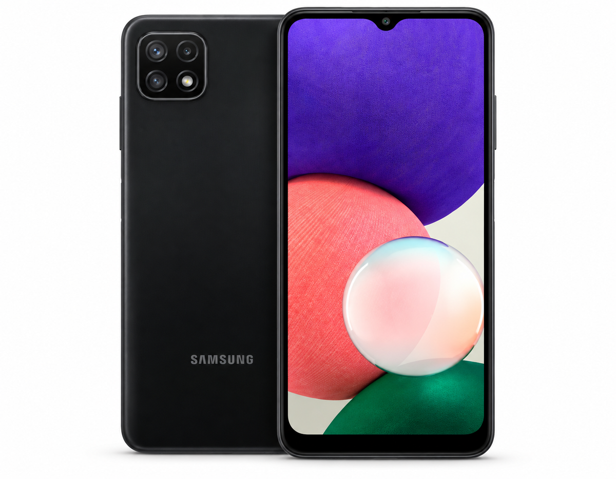 Samsung Galaxy A22 5G Gray smartphone with front display and rear triple-camera module, dual SIM